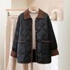 Autumn and Winter Cotton-padded Jacket Lapel Rhombic Contrast Color Loose and Thin Thick Warm Long-sleeved Cotton-padded Jacket Women's Clothing