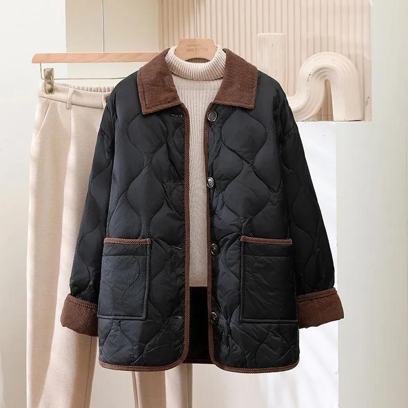 Autumn and Winter Cotton-padded Jacket Lapel Rhombic Contrast Color Loose and Thin Thick Warm Long-sleeved Cotton-padded Jacket Women's Clothing