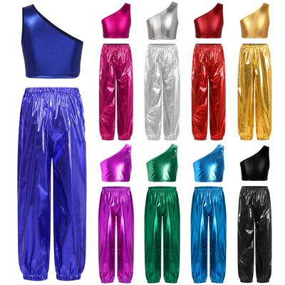 Girls Dance Performance Outfit One Shoulder Sleeveless Metallic Cropped Vest Shiny Pants Prom Party Costume