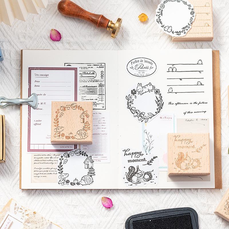 Light Retro Handbook Seal Message Box Series Happy Squirrel Handbook Decoration Material Printing Stamp 6 Styles Assorted Stamp