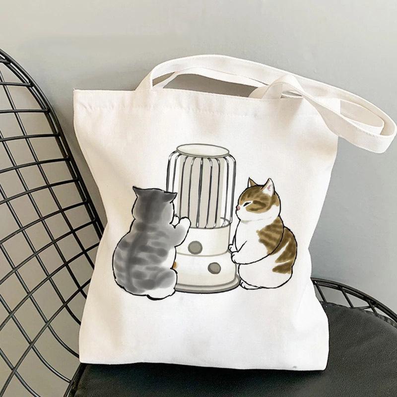 Whimsical Cat On Bicycle Canvas Shoulder Tote - Cute Print for Students and Shopping