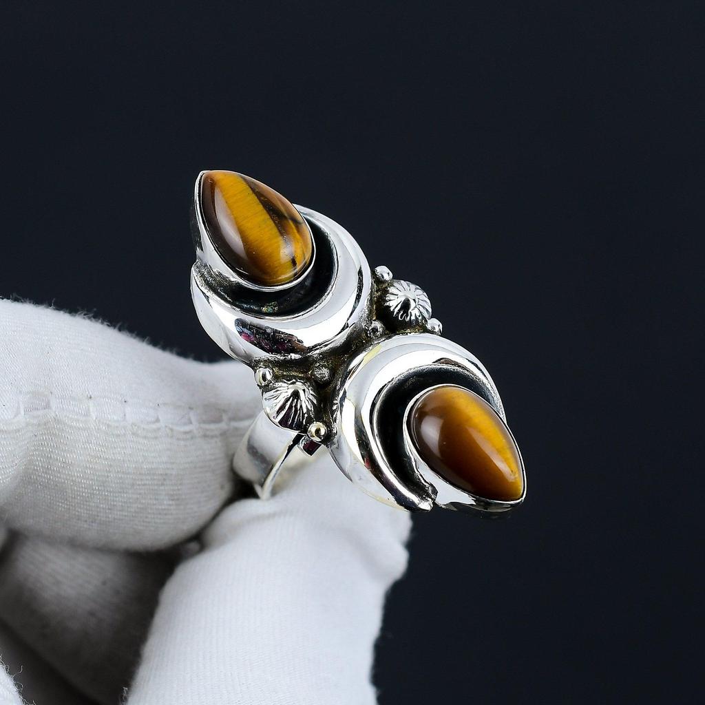 Tiger Eye Gemstone Adjustable 925 Sterling Silver Ring - Fits US Sizes 6 to 10 - Handmade Boho Jewelry for Women & Men, Valentine Gifts