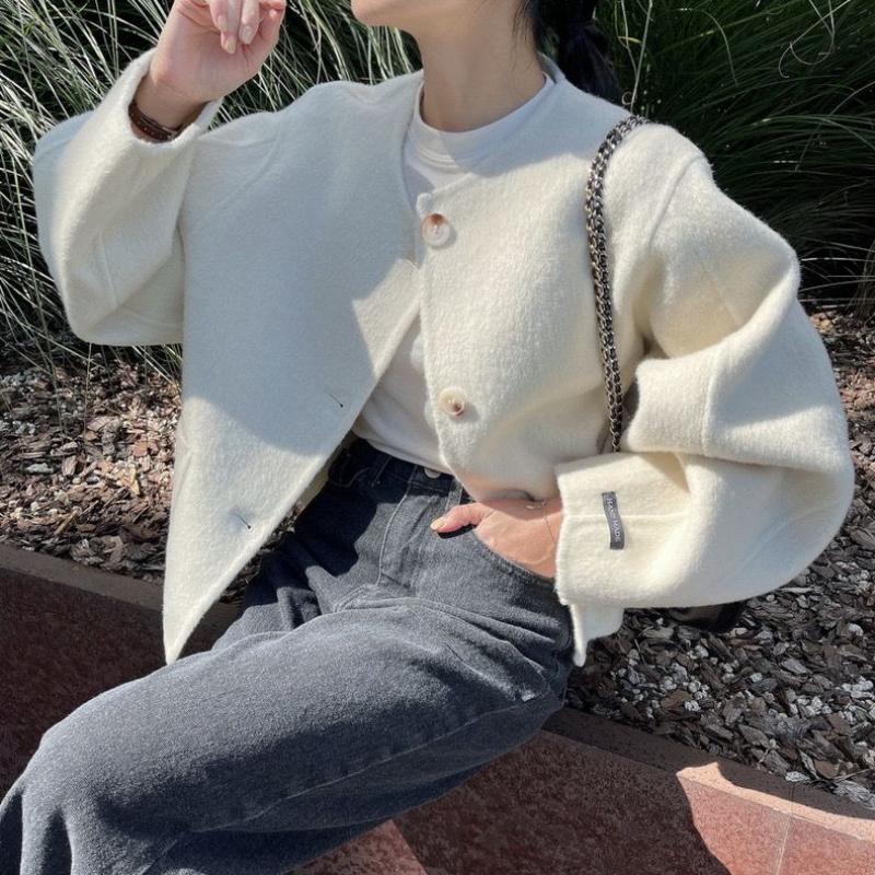 Koreanisch Chic Herbst Winter Französisch Rund Einreihig Locker Lässig Vielseitig Langärmelig Wolljacke für Damen