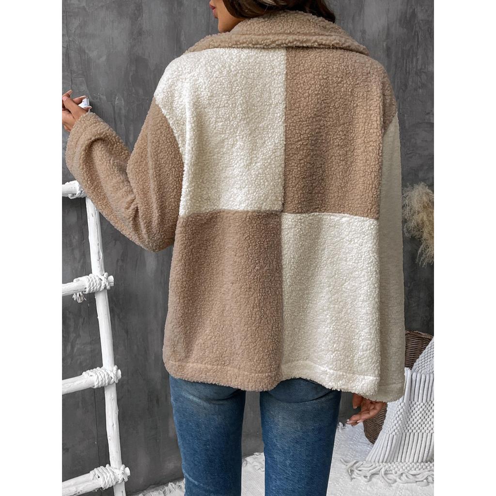 2025 New Autumn Winter Women's Thickened Color Block Single Breasted Lapel Casual Coat for Europe and America