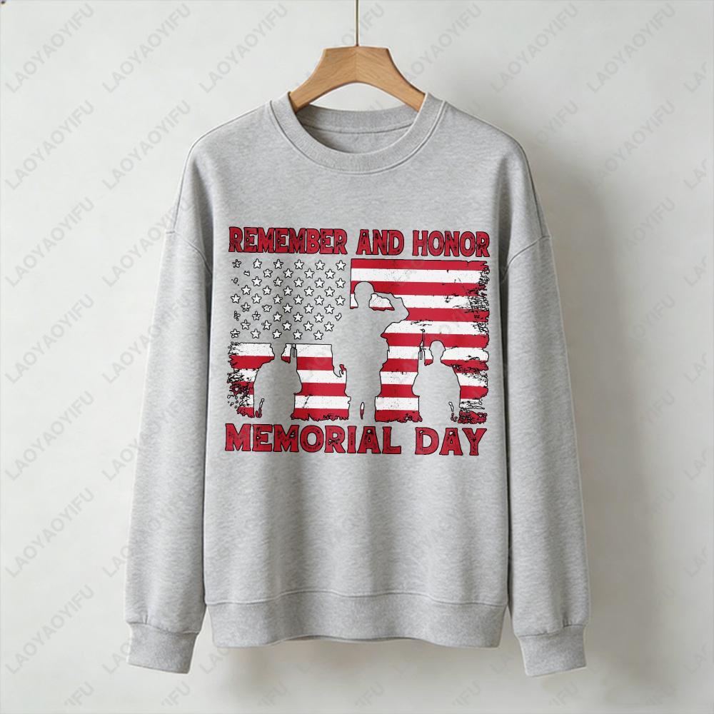 Remember and Honor Memorial Day Sweatshirt Men Women Crewneck Long Sleeve Pullover Patriotic Military Veteran Flag Gift Tops