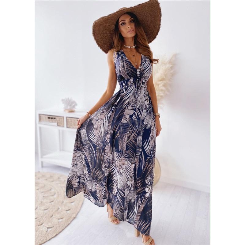 Tropical Floral Print Deep V Neck Spaghetti Strap Maxi Dress Beach Sundress