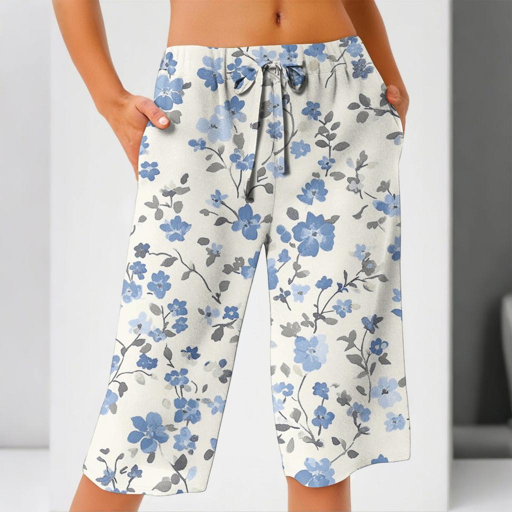 Damesommer Elastisk midje Trykte bomulls- og linsløse shorts