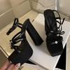 Liyke Fashion Design Crystal Metal Bowknot Women Platform Sandals Wood Thick Bottom Square Toe Super High Heels Party Prom Shoes