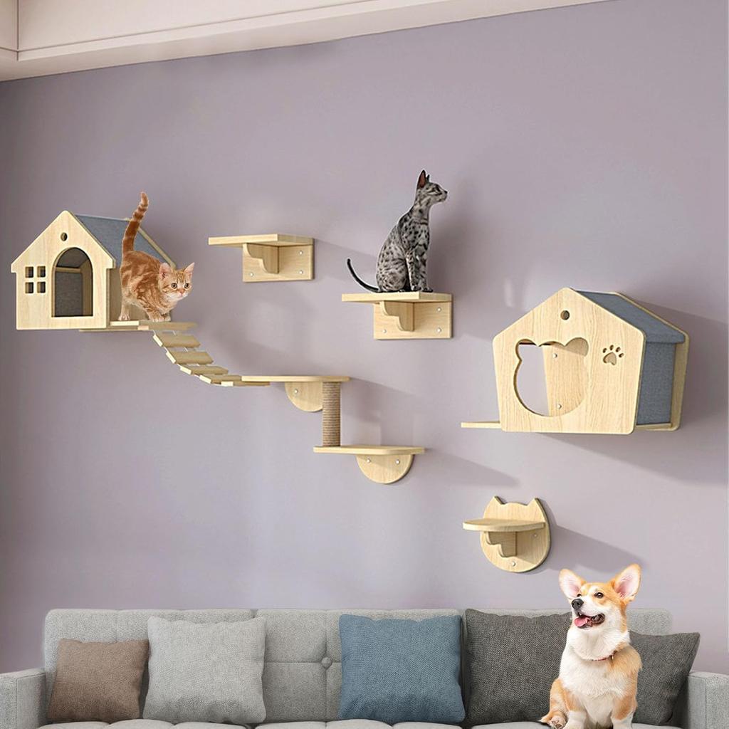 Cat Wall Furniture Wall-Mounted Cat Climbing Frame Tree Tower Plush Hammock House Sisal Scratching Post Indoor Cats Playground