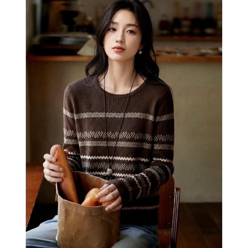 Demana Women's Lamb Wool Blend Retro Jacquard Knit Sweater