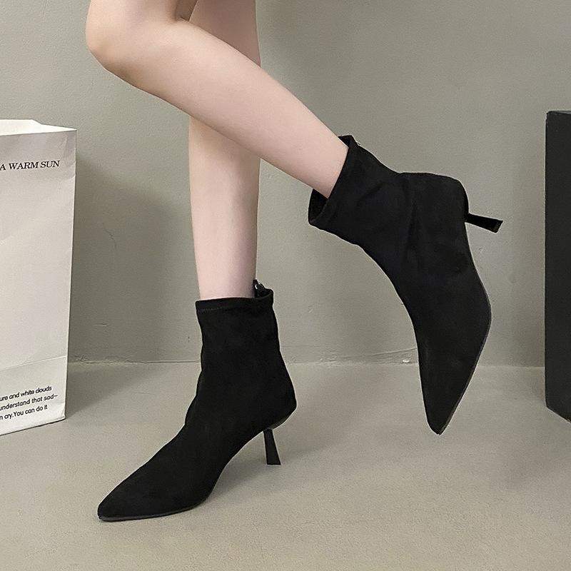 Pointed Short Boots for Women In Autumn and Winter 2025 New Short Tube Niche Zipper Elastic Thin Boots Thin Heel High Heel Boots for Women