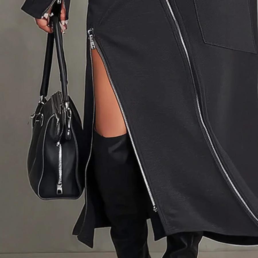 New High Neck Long Sleeve Maxi A-Line Skirt Casual Fashion Solid Color Set