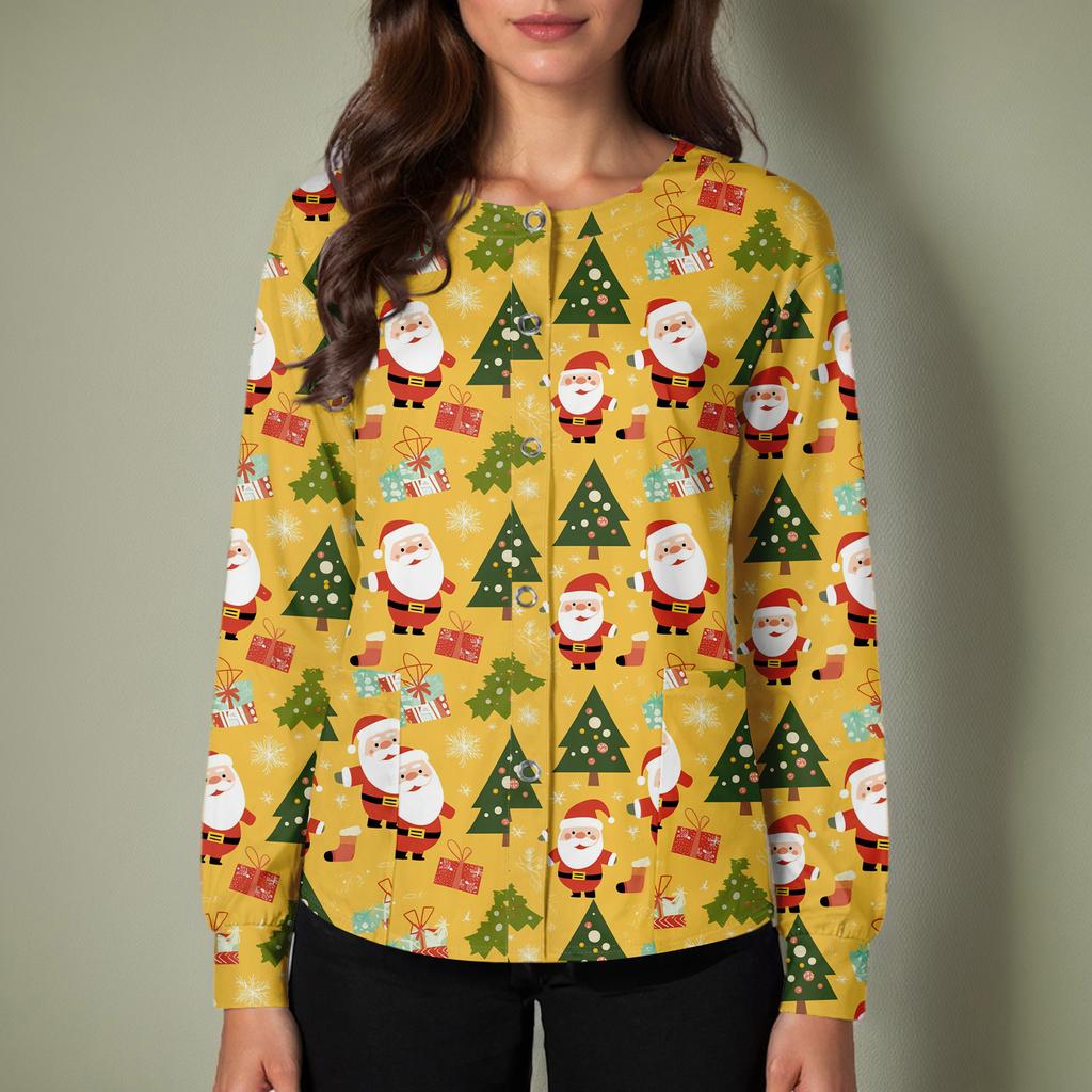 Dámský ležérní kardigan s dlouhým rukávem a jednořadým zapínáním, s vánočním potiskem, ochranný oděv