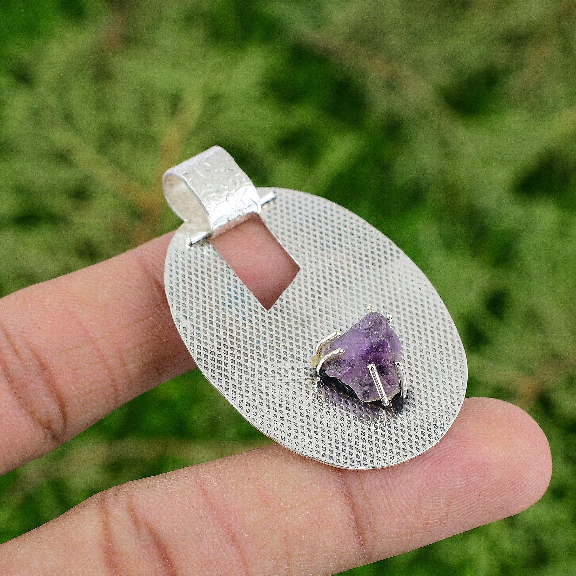 

Octagon African Amethyst Rough Gemstone 925 Silver Mother Bezel February Pendant