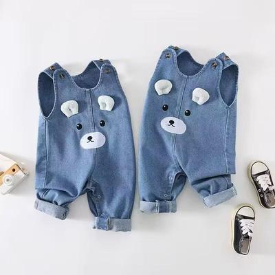 Macacão Jeans sem Mangas de Bebê Desenho Animado - Fofo Macacão de Engatinhar para Primavera/Outono