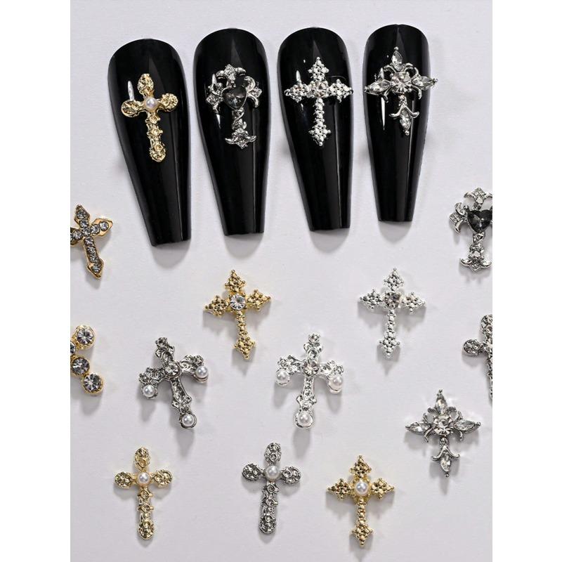 12Grids/Box Y2K Cross Mixed Style 3D Nail Art Rhinestone,Punk Gothic Alloy Cross Nail Decoration,Mixed 3D Nail Art Decoration For Manicure Supplies