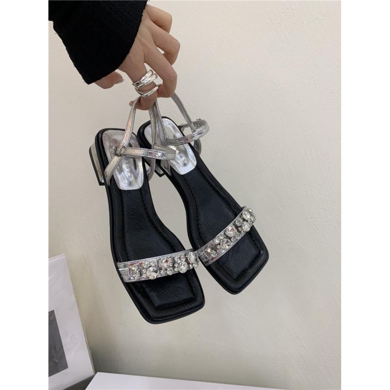 

French rhinestones with sandals women s shoes large size 2025 new summer thick heel mid-heel open-toed silver Roman shoes 39