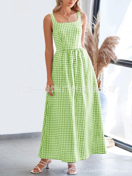 Women Square Neck Gingham Maxi Dress Sleeveless Spaghetti Strap Elastic Waist Flowy Long Summer Casual Dress