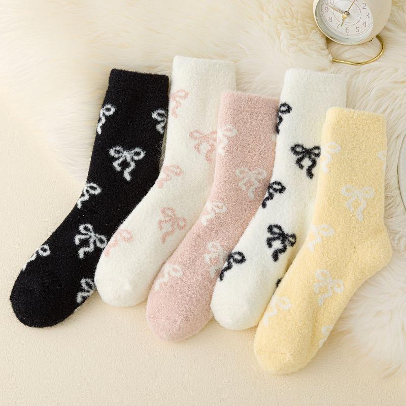Sock Children's Mid-length Winter and Autumn Thickened Fleece-lined Warm Floor Socks with Bows, Versatile for Home Use and Sleepwear, for Women.