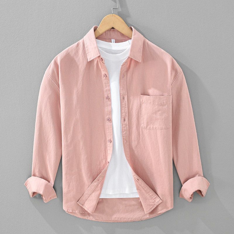 Men's Long-Sleeve Shirt for Spring and Autumn, Fresh White Versatile Pure Cotton Shirt with a Turn-Down Collar, Comfortable and Soft Top