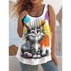 Plus Size Women's Summer Casual 3D Printed Cartoon Kitten Print Round Neck Sleeveless Pleated Vest Top