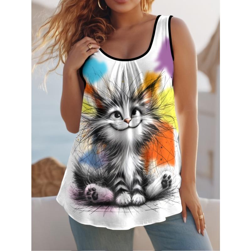 Plus Size Women s Summer Casual 3D Printed Cartoon Kitten Print Round Neck Sleeveless Pleated Vest Top 1XL