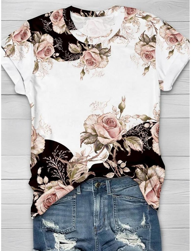 Summer Beautiful Flower 3D Print T-shirts Women Streetwear Casual Fashion Y2k Short Sleeve T Shirt O-neck Tees Tops Clothing