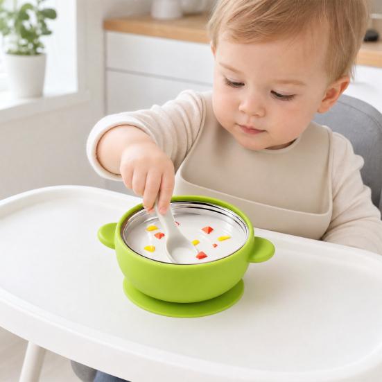 Yousheng Bear Silicone Baby Bowl, Stainless Steel Toddler Bowl with Strong Suction Base, Non Slip Anti Spill Training Bowl for Kids