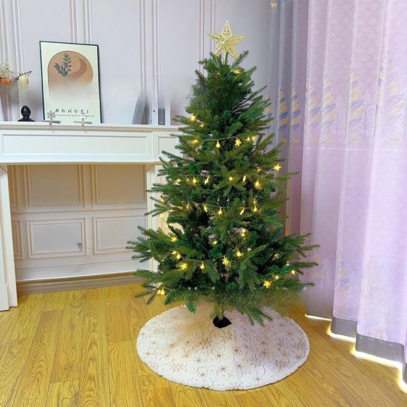 White Plush Christmas Tree Skirt with Golden Glitter Cluster Branch Embroidery Polyester Xmas Decor Floor Mat for Holiday Party