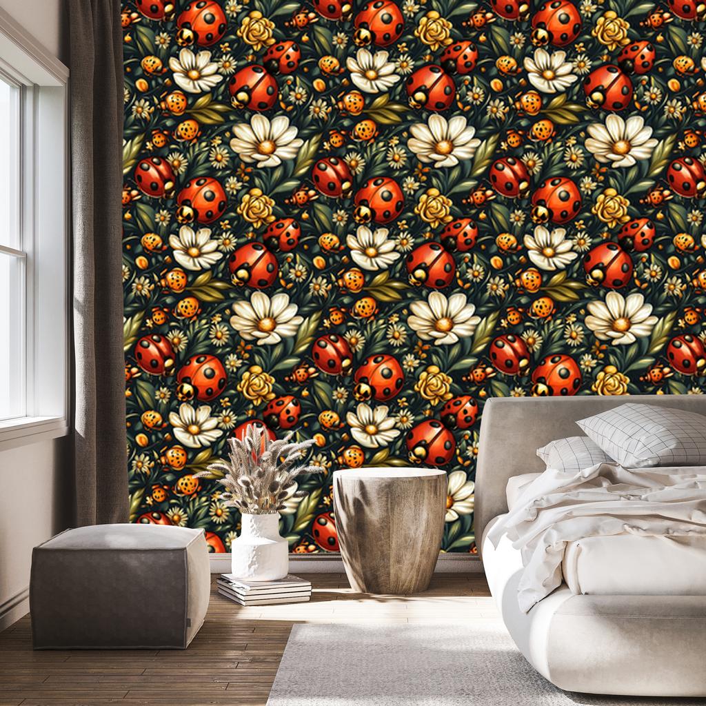 Ladybug Wallpaper Gold and Bottle Green for Living Room and Bedroom 50x1000