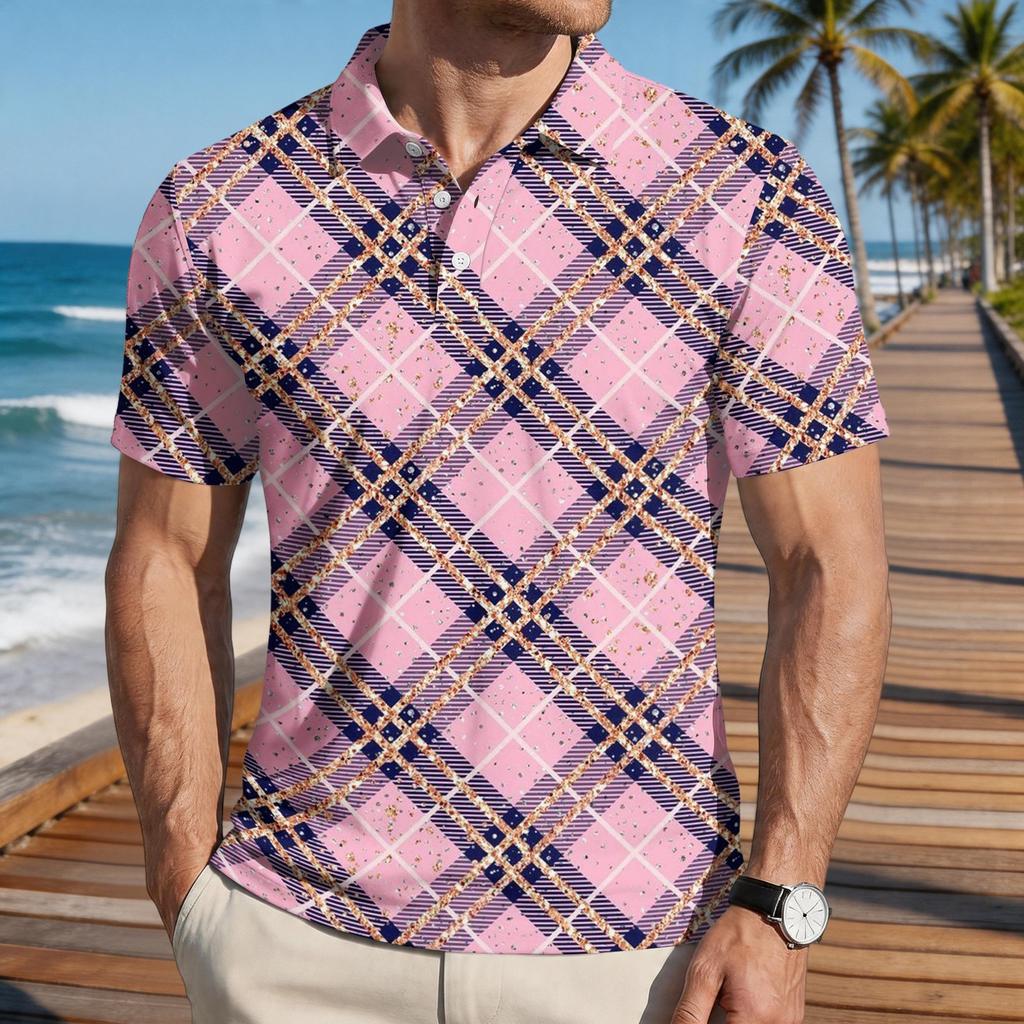 Men Loose Fit Casual Plaid Print Short Sleeve Polo Shirt with Turn Down Collar for Everyday Comfort Style