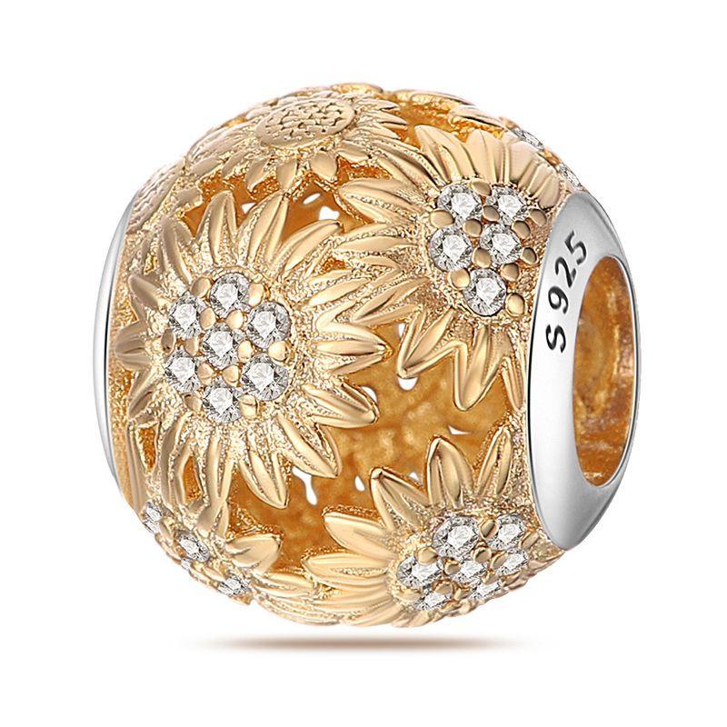 New 925 Silver Fashion Golden Sunflowers Heart Charms Beads Fit 925 Bracelets Luxury Party DIY Jewelry