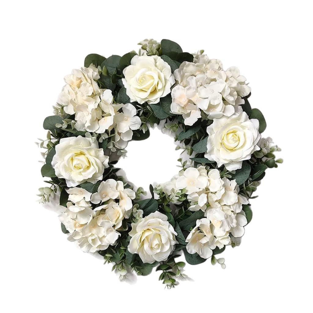 All-Season Artificial Rose Wreath with Embroidery Ball & Realistic Green Leaves - Plastic Flower Garland Suitable for Front Door