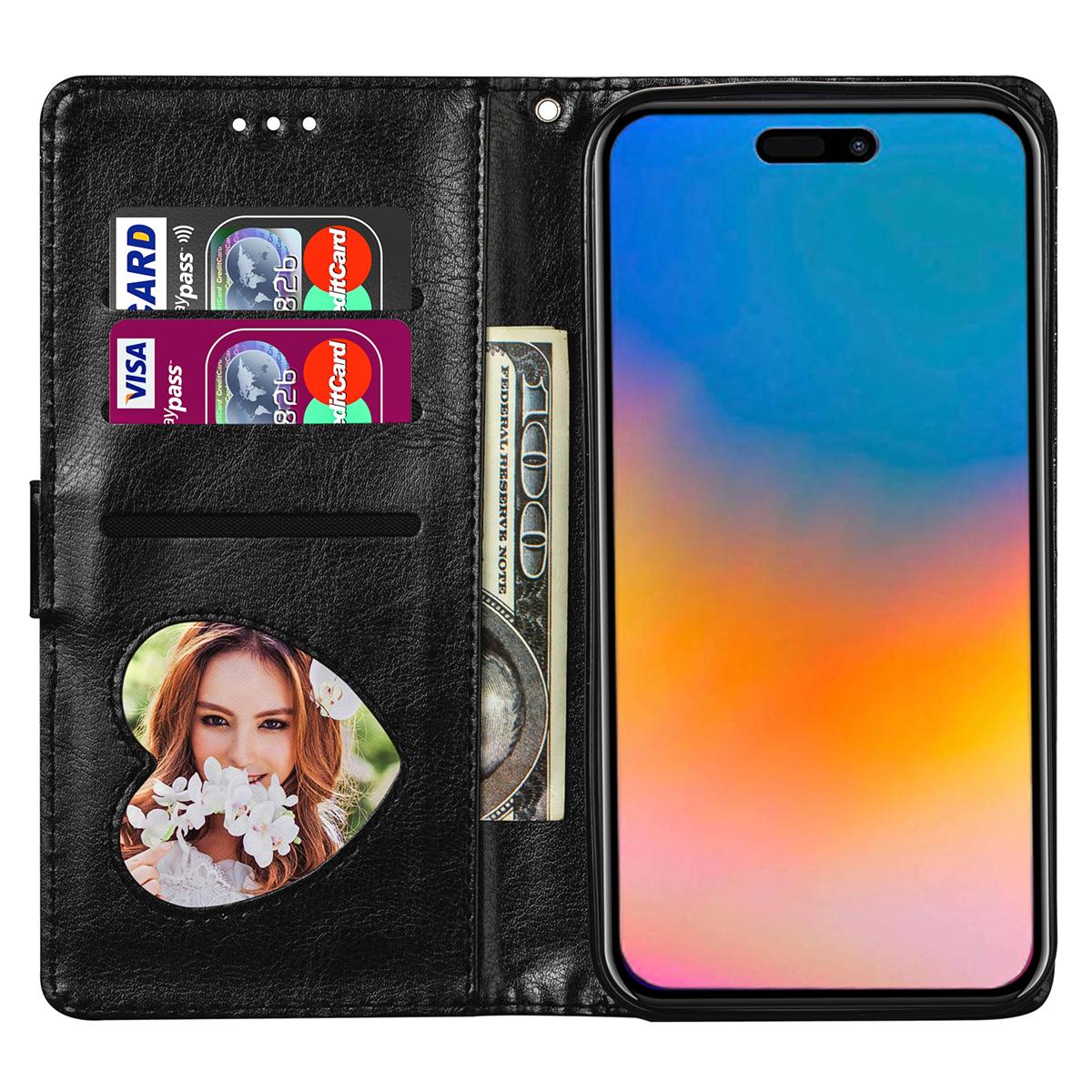 

For iPhone 16 Pro Stand Case Glitter Phone Leather Cover Zipper Pocket Black