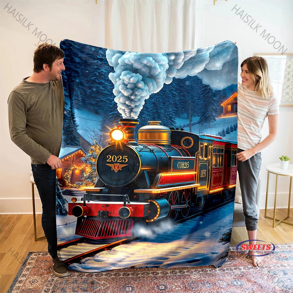 3D Vintage Train Print Flannel Queen Blanket - Soft Cozy Blanket for Couch, Sofa, or Bed, Office Travel Camping Holiday Gifts