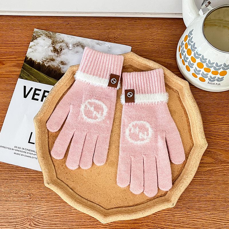 Knitted Wool Gloves Winter Warm Touch Screen Cute New Cartoon Cold-proof Men and Women Five-finger Label Style
