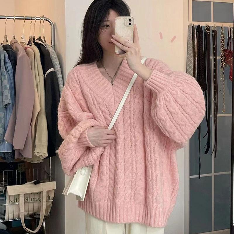 Podzim Zima Dámský svetr Harajuku oversized dlouhý rukáv s výstřihem do V pletený svetr korejský volný jednobarevný preppy svetr na všechny zápasy