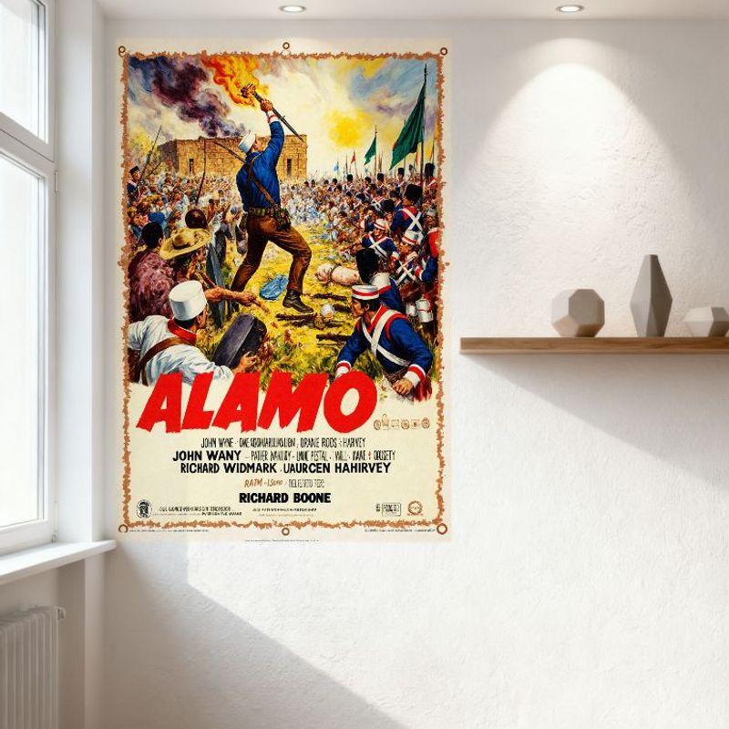 Vintage 'The Alamo' Movie Poster Metal Tin Sign, John Wayne Laurence Harvey Richard Widmark Richard Boone Cast, Battle Scene Wal