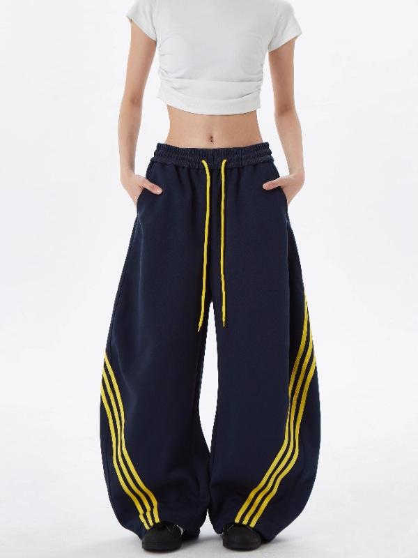 Retro Striped Color Block Wide-Leg Sweatpants with Elastic Drawstring for Men & Women