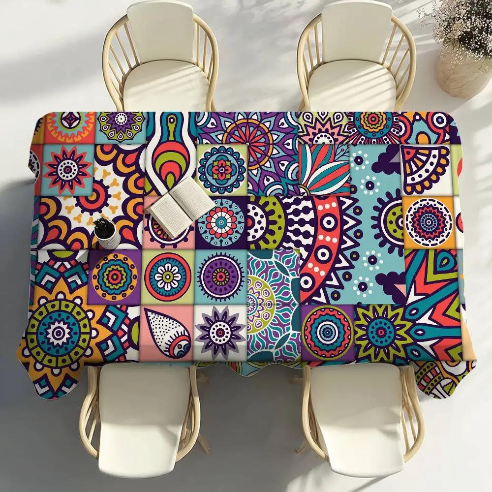 Colorful Mandala Tiles Pattern Table Cloth Party Decor Dining Room Home Kitchen Patios Waterproof Stain-Proof Table Cloth