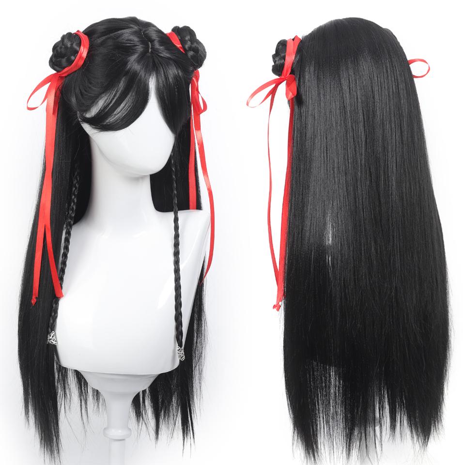 

Аниме китайские фильмы косплей парик черные длинные прямые волосы с косой красная лента двойной пучок стильный парик косплей парик на Хэллоуин