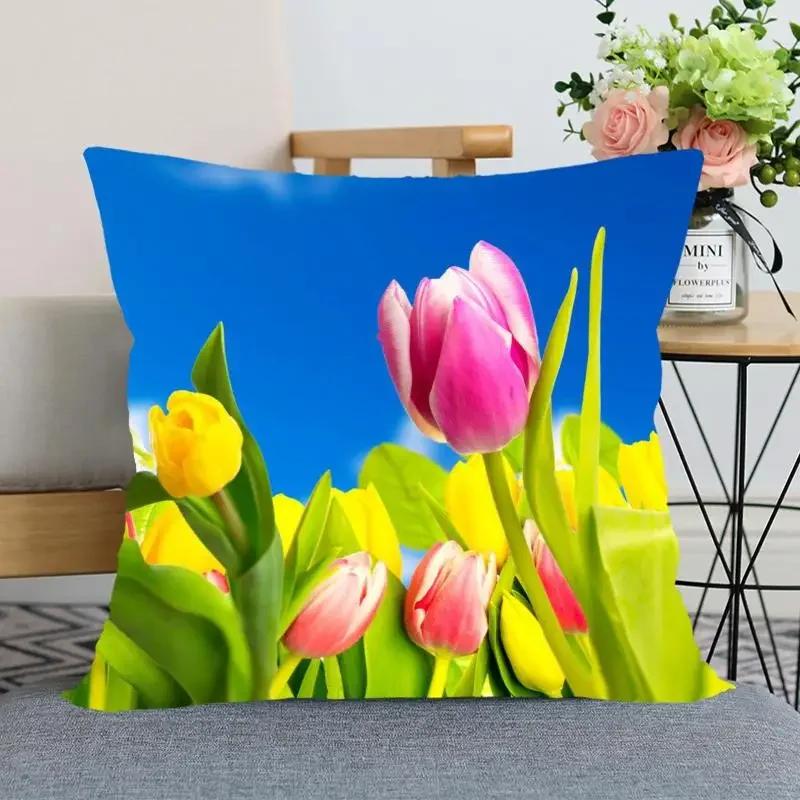 "Floral Tulip Pillowcase, Soft Cotton - Vibrant Flower Design for Spring Decor, Comfortable and Stylish, Perfect Gift for Home"