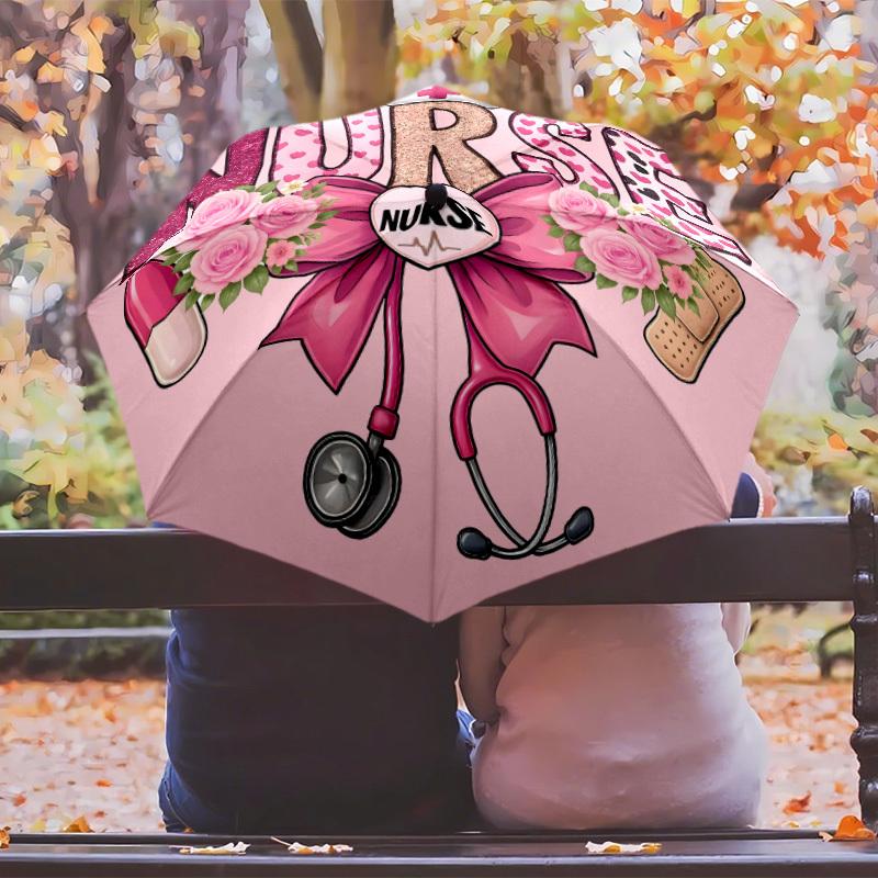 Nurse-Themed Automatic Umbrella with One-Button Opening/Closing - Floral Design, 8-Rib Durable Frame, Compact & Portable for T