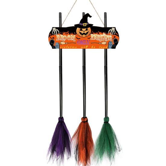 Hanging Broomstick Holiday Ornaments Halloween Broom Parking Sign with 3 Witch Brooms, Hocus Pocus Themed Wooden Sign, Yard And Porch