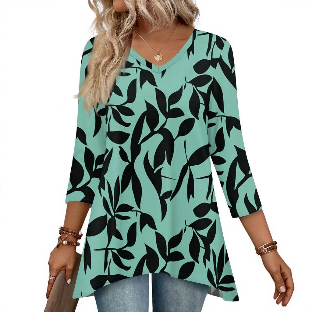 Dámské topy s výstřihem do V a 3/4 rukávem, ležérní košile střední délky, módní tuniky s potiskem