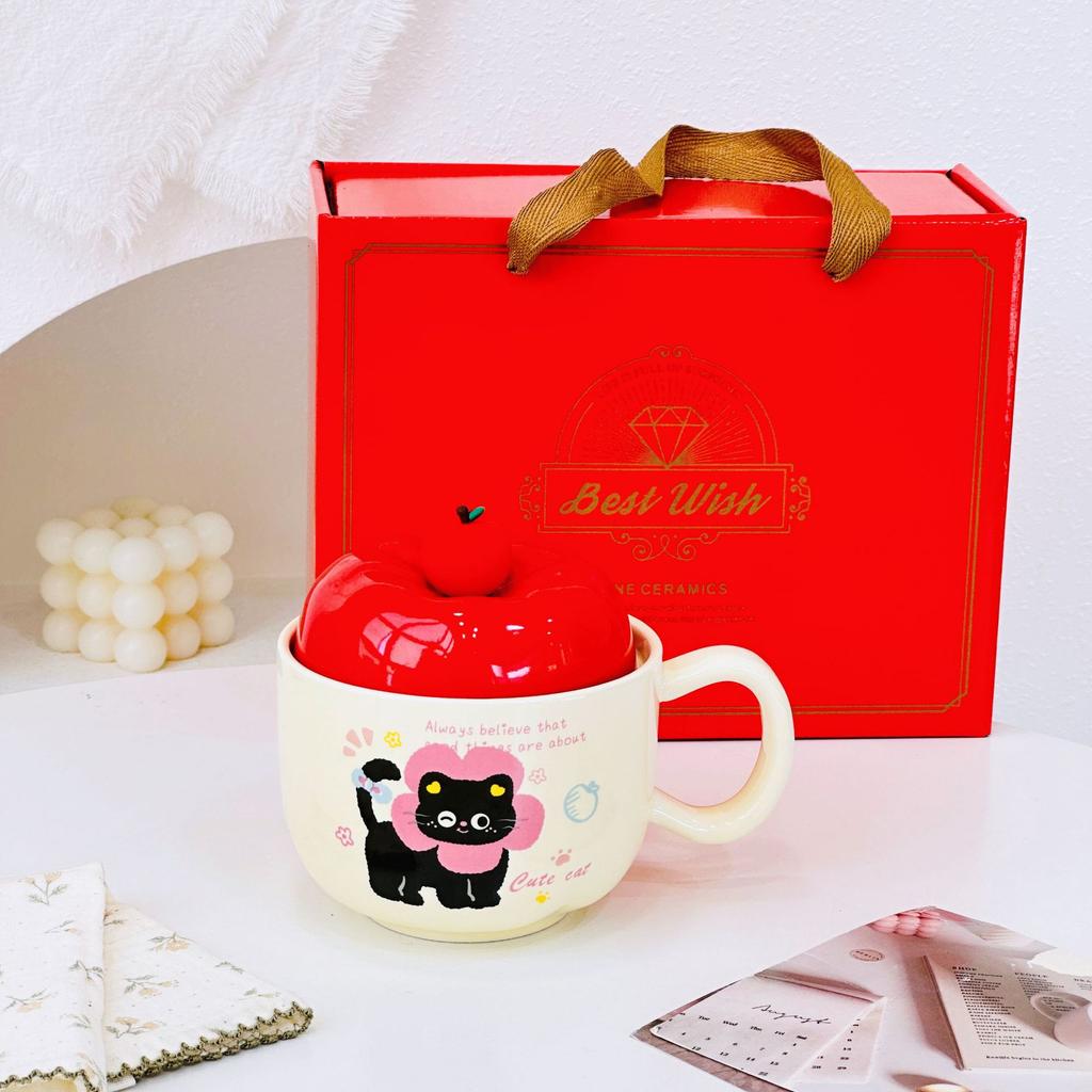Apple Cat Red Souvenir Set Cartoon Cute Festive Ceramic Cup with Lid Spoon Mug Personalized Hand Cup