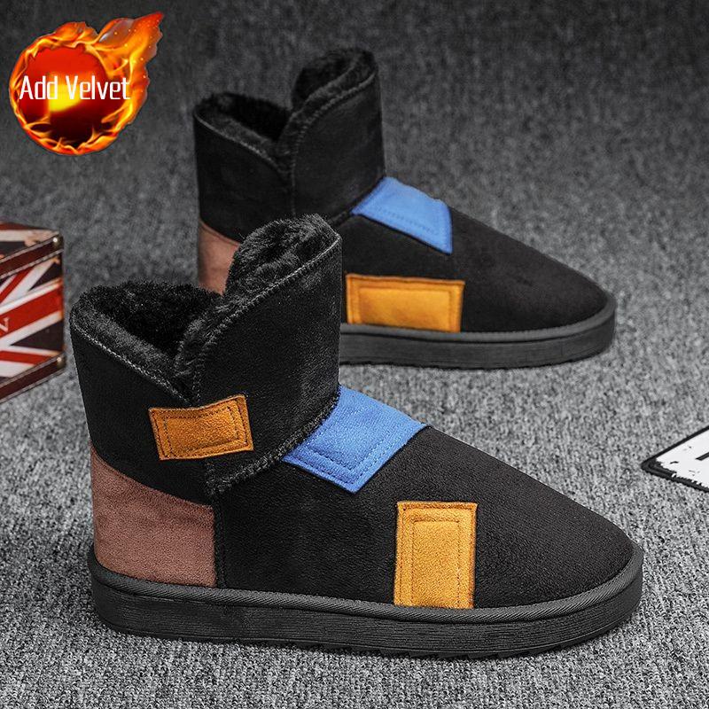 Winter 2026 Men's Color Block Snow Boots Fleece Lined Warm Anti Cold Couples Shearling Integrated Thick Sole Casual Korean Style