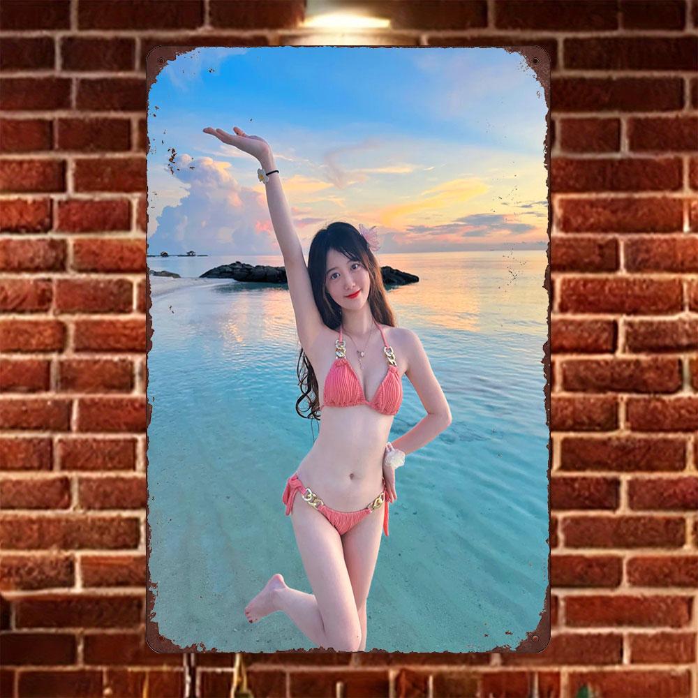 

HD Tin Sign Vintage Cute Asian Girl in Pink Bikini Posing at Tropical Beach Metal Wall Art Retro Decor for Home Bar Cafe 20x30cm（7.8x11.8inch）