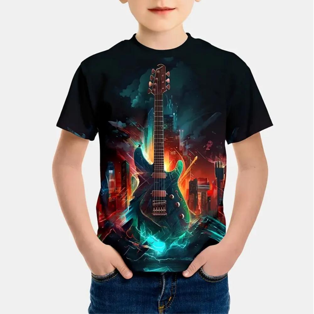 2025 Kids Clothes Cartoon Guitar Printed Short Sleeve T-Shirt Summer Outdoor Casual Crew Neck Tee Children's Clothing T-Shirts