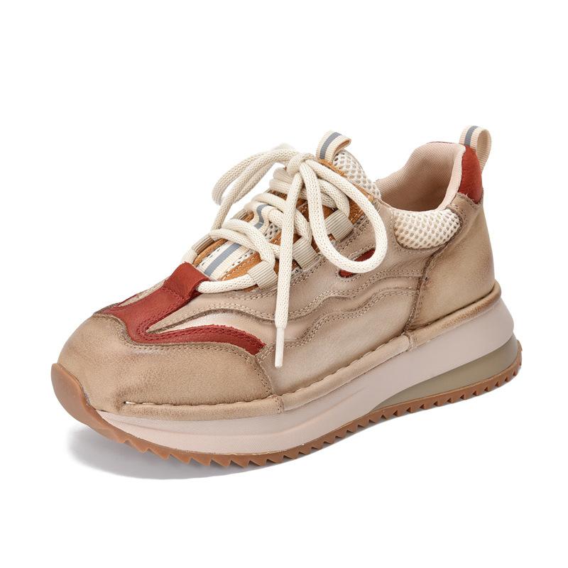 Johnature Genuine Leather Casual Sports Lace Up Anti Slip Women's Shoes Retro Mixed Colors Thick Soled Sneakers